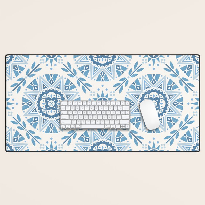 Folk Art Shapes Block Print - Blue Desk Mat Gallery Image 1