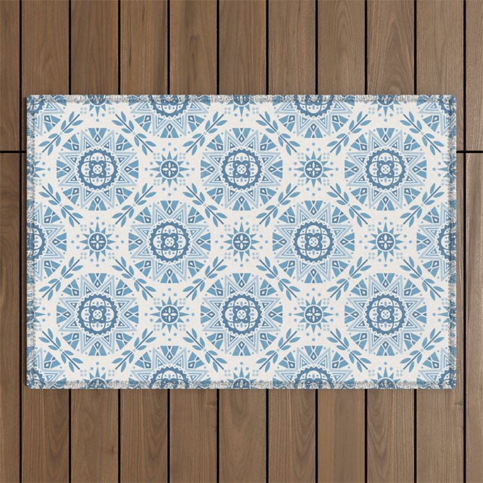 Folk Art Shapes Block Print - Blue Outdoor Rug Gallery Image 1