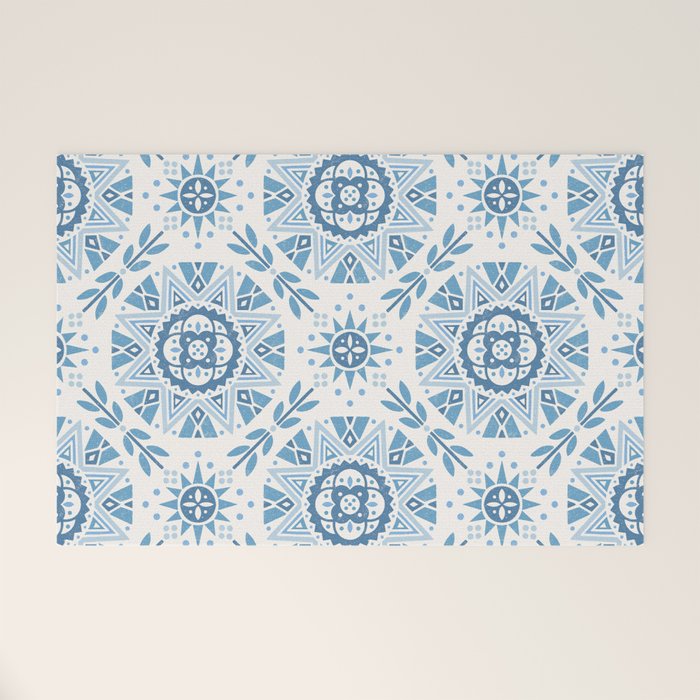 Folk Art Shapes Block Print - Blue Welcome Mat Gallery Image 1