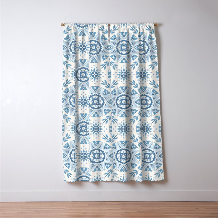 Folk Art Shapes Block Print - Blue Window Curtain Gallery Image 3