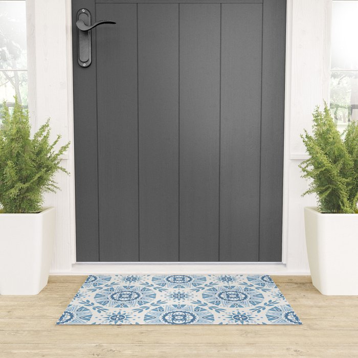 Folk Art Shapes Block Print - Blue Welcome Mat Gallery Image 3