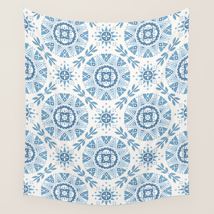 Folk Art Shapes Block Print - Blue Wall Tapestry Gallery Image 4