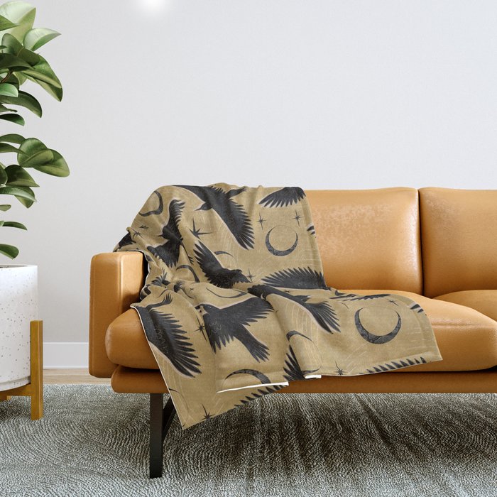 Raven with Shadow Yellow  Throw Blanket Gallery Image 1