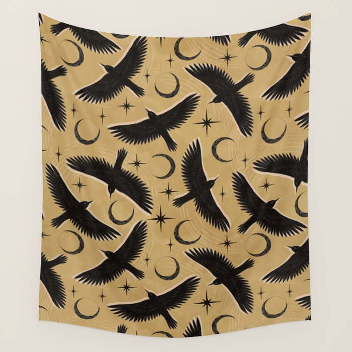 Raven with Shadow Yellow  Wall Tapestry Gallery Image 4