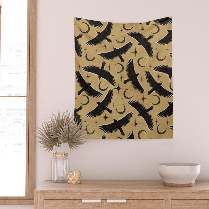 Raven with Shadow Yellow  Wall Tapestry Gallery Image 2