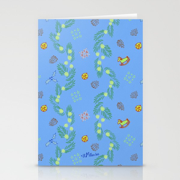 Whimsical Tiny Toys & Pine Branches in Blue Stationery Card Gallery Image 1