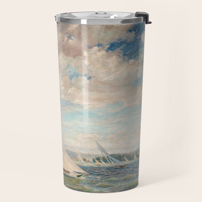 America's Cup Yacht Racing sailboats on Narragansett Bay, Newport, Rhode Island nautical maritime landscape painting by Alice Maude Taite Fanner Travel Mug Gallery Image 2