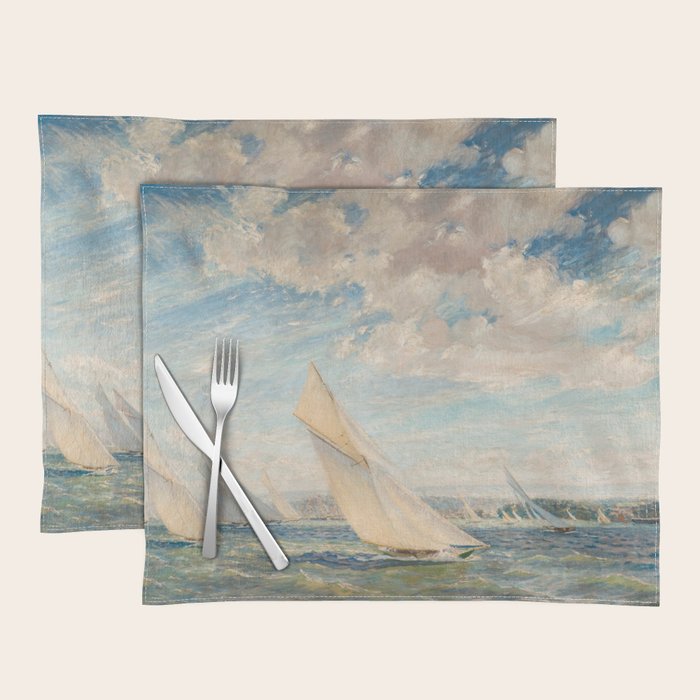 America's Cup Yacht Racing sailboats on Narragansett Bay, Newport, Rhode Island nautical maritime landscape painting by Alice Maude Taite Fanner Placemat Gallery Image 1