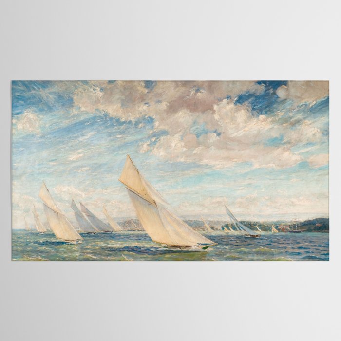 America's Cup Yacht Racing sailboats on Narragansett Bay, Newport, Rhode Island nautical maritime landscape painting by Alice Maude Taite Fanner Tablecloth Gallery Image 2