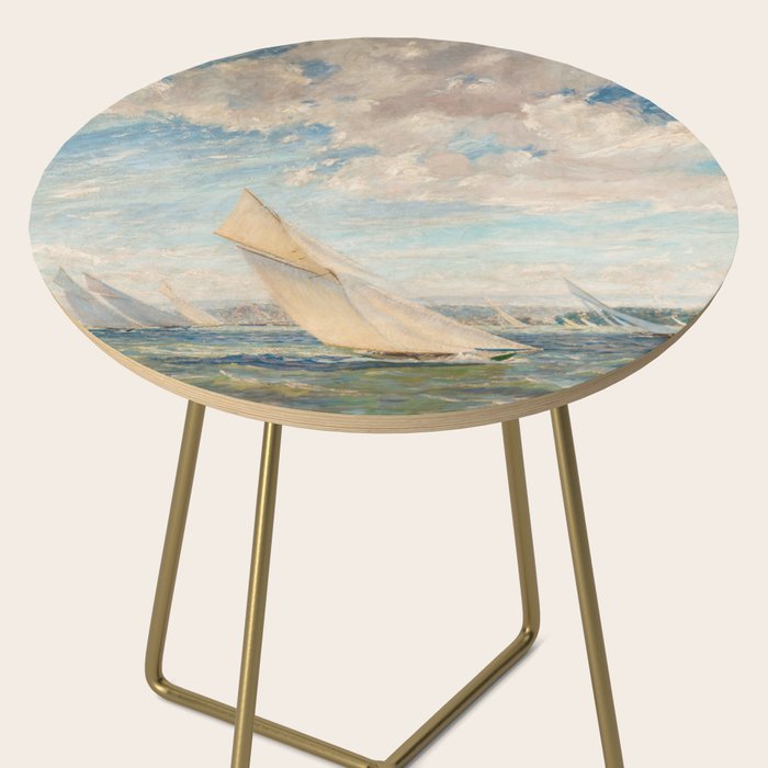 America's Cup Yacht Racing sailboats on Narragansett Bay, Newport, Rhode Island nautical maritime landscape painting by Alice Maude Taite Fanner Side Table Gallery Image 2