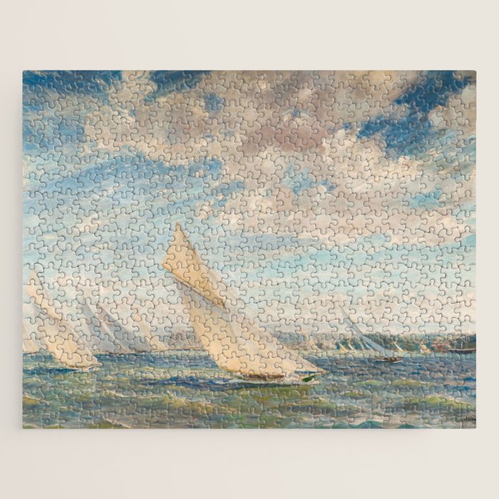 America's Cup Yacht Racing sailboats on Narragansett Bay, Newport, Rhode Island nautical maritime landscape painting by Alice Maude Taite Fanner Jigsaw Puzzle Gallery Image 1