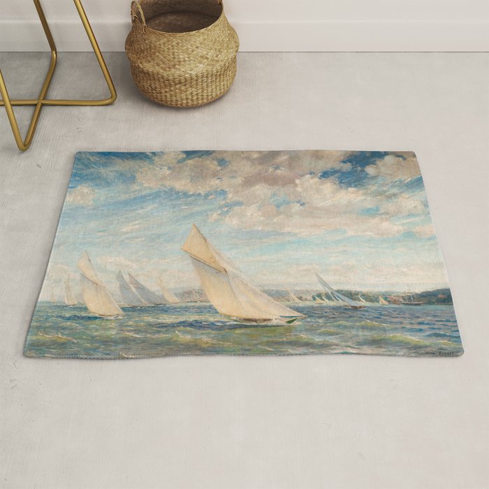 America's Cup Yacht Racing sailboats on Narragansett Bay, Newport, Rhode Island nautical maritime landscape painting by Alice Maude Taite Fanner Rug Gallery Image 1