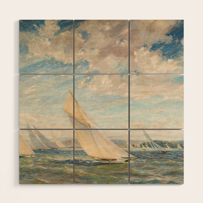 America's Cup Yacht Racing sailboats on Narragansett Bay, Newport, Rhode Island nautical maritime landscape painting by Alice Maude Taite Fanner Wood Wall Art Gallery Image 1