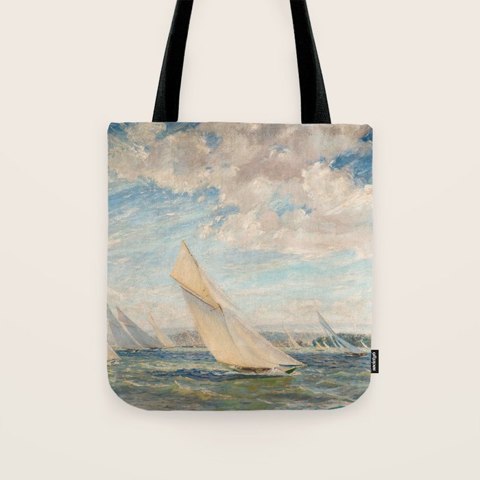 America's Cup Yacht Racing sailboats on Narragansett Bay, Newport, Rhode Island nautical maritime landscape painting by Alice Maude Taite Fanner Tote Bag Gallery Image 1