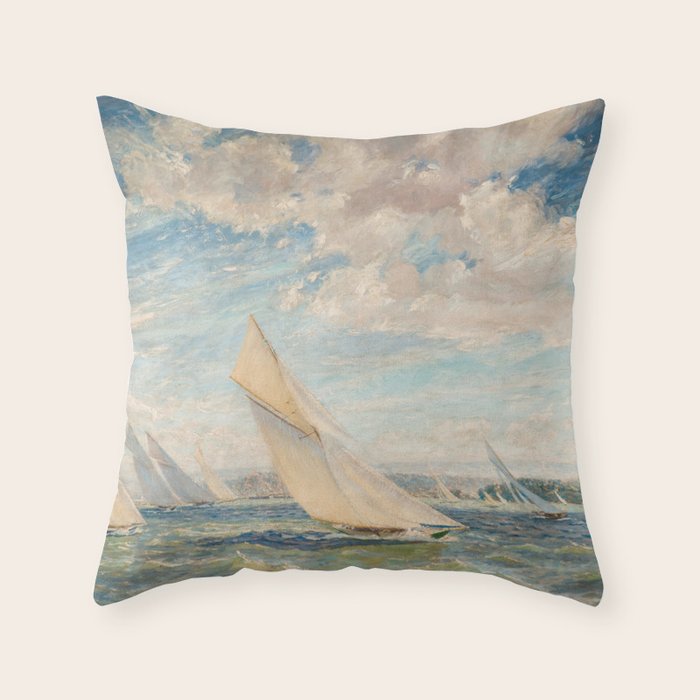 America's Cup Yacht Racing sailboats on Narragansett Bay, Newport, Rhode Island nautical maritime landscape painting by Alice Maude Taite Fanner Throw Pillow Gallery Image 6