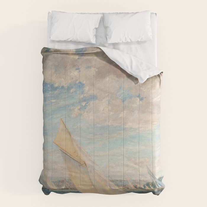 America's Cup Yacht Racing sailboats on Narragansett Bay, Newport, Rhode Island nautical maritime landscape painting by Alice Maude Taite Fanner Comforter Gallery Image 6