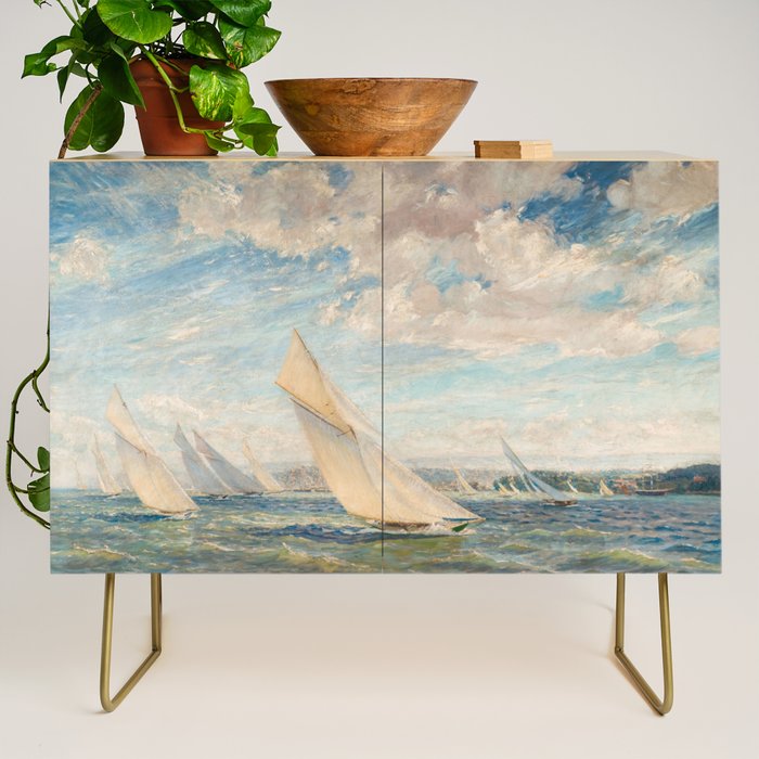 America's Cup Yacht Racing sailboats on Narragansett Bay, Newport, Rhode Island nautical maritime landscape painting by Alice Maude Taite Fanner Credenza Gallery Image 1