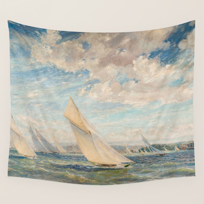 America's Cup Yacht Racing sailboats on Narragansett Bay, Newport, Rhode Island nautical maritime landscape painting by Alice Maude Taite Fanner Wall Tapestry Gallery Image 4
