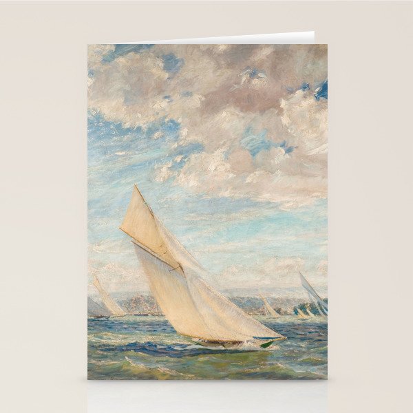 America's Cup Yacht Racing sailboats on Narragansett Bay, Newport, Rhode Island nautical maritime landscape painting by Alice Maude Taite Fanner Stationery Card Gallery Image 1