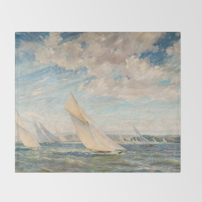 America's Cup Yacht Racing sailboats on Narragansett Bay, Newport, Rhode Island nautical maritime landscape painting by Alice Maude Taite Fanner Throw Blanket Gallery Image 2