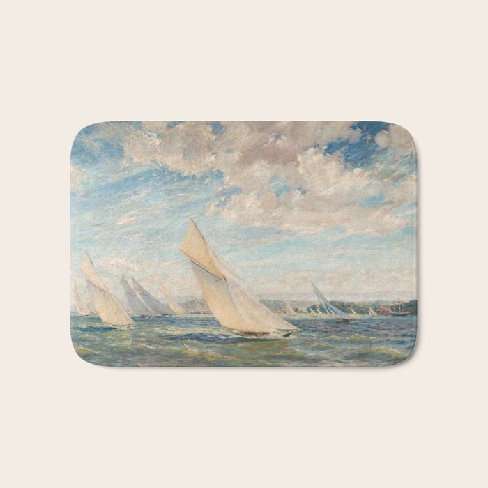 America's Cup Yacht Racing sailboats on Narragansett Bay, Newport, Rhode Island nautical maritime landscape painting by Alice Maude Taite Fanner Bath Mat Gallery Image 1