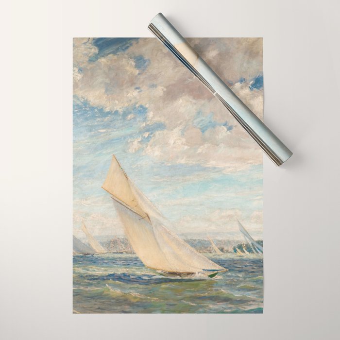 America's Cup Yacht Racing sailboats on Narragansett Bay, Newport, Rhode Island nautical maritime landscape painting by Alice Maude Taite Fanner Wrapping Paper Gallery Image 1