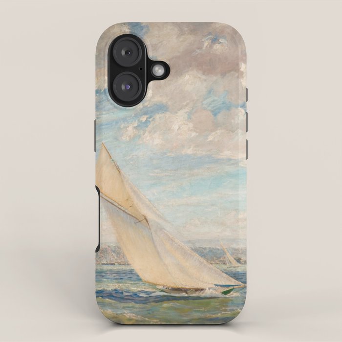 America's Cup Yacht Racing sailboats on Narragansett Bay, Newport, Rhode Island nautical maritime landscape painting by Alice Maude Taite Fanner iPhone Case Gallery Image 1