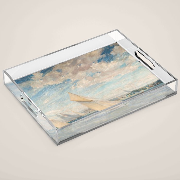 America's Cup Yacht Racing sailboats on Narragansett Bay, Newport, Rhode Island nautical maritime landscape painting by Alice Maude Taite Fanner Acrylic Tray Gallery Image 1