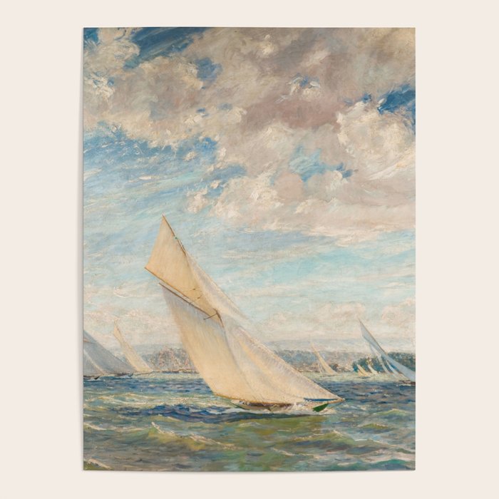 America's Cup Yacht Racing sailboats on Narragansett Bay, Newport, Rhode Island nautical maritime landscape painting by Alice Maude Taite Fanner Poster Gallery Image 4