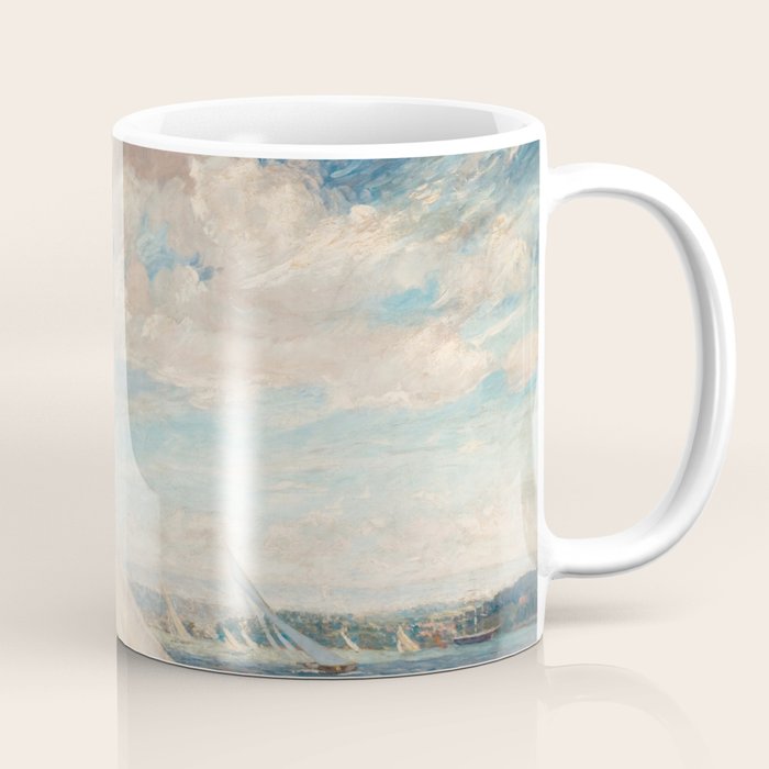 America's Cup Yacht Racing sailboats on Narragansett Bay, Newport, Rhode Island nautical maritime landscape painting by Alice Maude Taite Fanner Coffee Mug Gallery Image 1