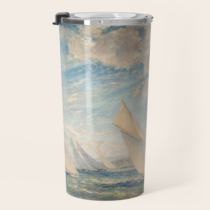 America's Cup Yacht Racing sailboats on Narragansett Bay, Newport, Rhode Island nautical maritime landscape painting by Alice Maude Taite Fanner Travel Mug Gallery Image 3