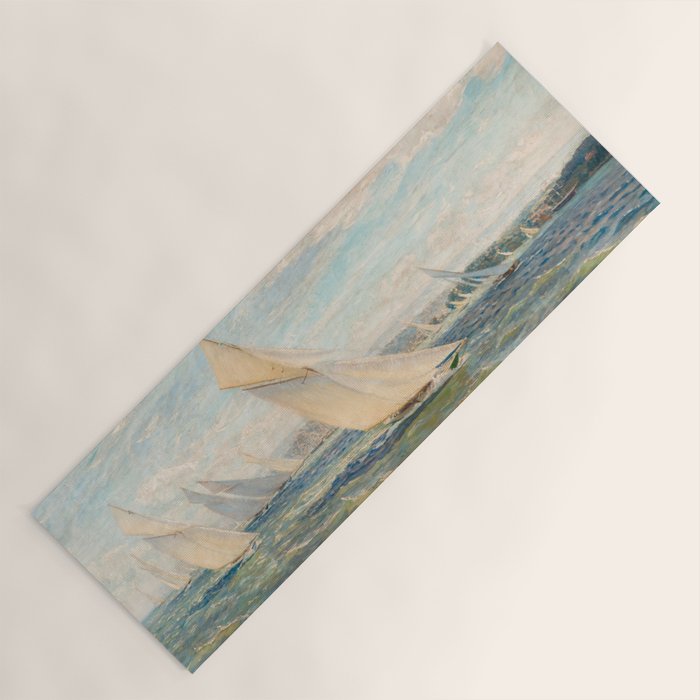 America's Cup Yacht Racing sailboats on Narragansett Bay, Newport, Rhode Island nautical maritime landscape painting by Alice Maude Taite Fanner Yoga Mat Gallery Image 1