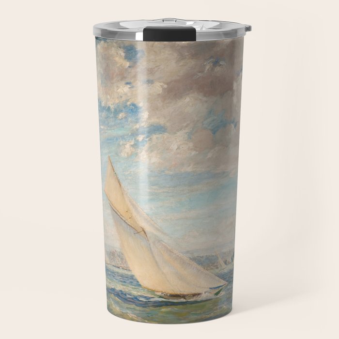 America's Cup Yacht Racing sailboats on Narragansett Bay, Newport, Rhode Island nautical maritime landscape painting by Alice Maude Taite Fanner Travel Mug Gallery Image 1