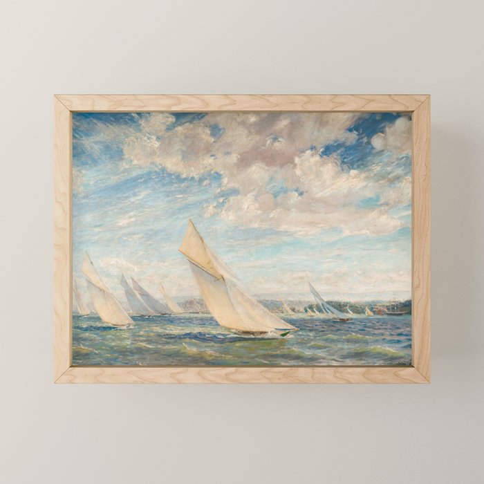 America's Cup Yacht Racing sailboats on Narragansett Bay, Newport, Rhode Island nautical maritime landscape painting by Alice Maude Taite Fanner Mini Art Print Gallery Image 1