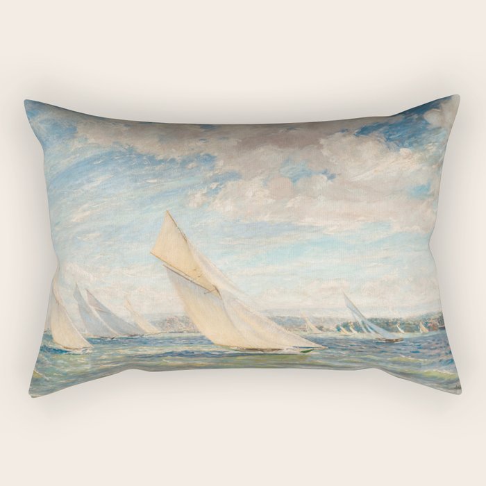 America's Cup Yacht Racing sailboats on Narragansett Bay, Newport, Rhode Island nautical maritime landscape painting by Alice Maude Taite Fanner Rectangular Pillow Gallery Image 1