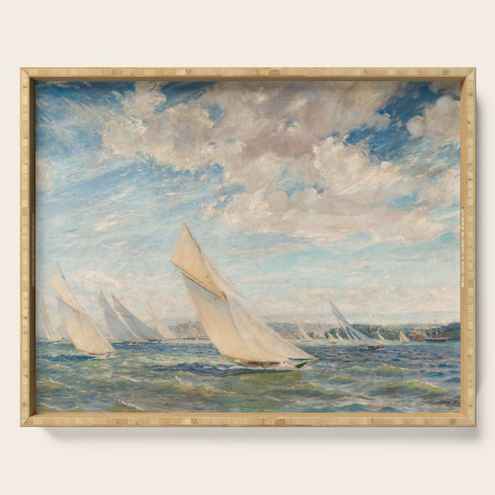 America's Cup Yacht Racing sailboats on Narragansett Bay, Newport, Rhode Island nautical maritime landscape painting by Alice Maude Taite Fanner Serving Tray Gallery Image 1