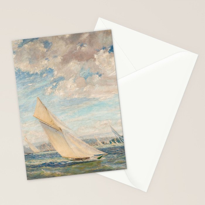 America's Cup Yacht Racing sailboats on Narragansett Bay, Newport, Rhode Island nautical maritime landscape painting by Alice Maude Taite Fanner Stationery Card Gallery Image 2
