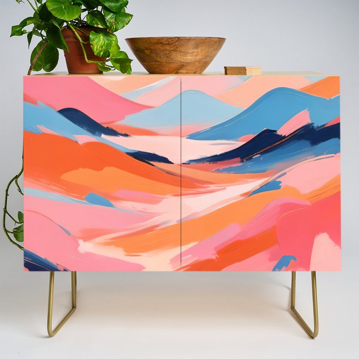 Romance Valley, Pastel Nature Landscape Abstract Painting, Blush Colorful Bright Eclectic, Soft Colors Contemporary Modern Bohemian Credenza Gallery Image 1