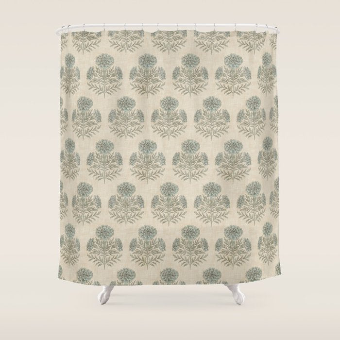 Marigold - sage and dusty blue on linen Shower Curtain Gallery Image 1