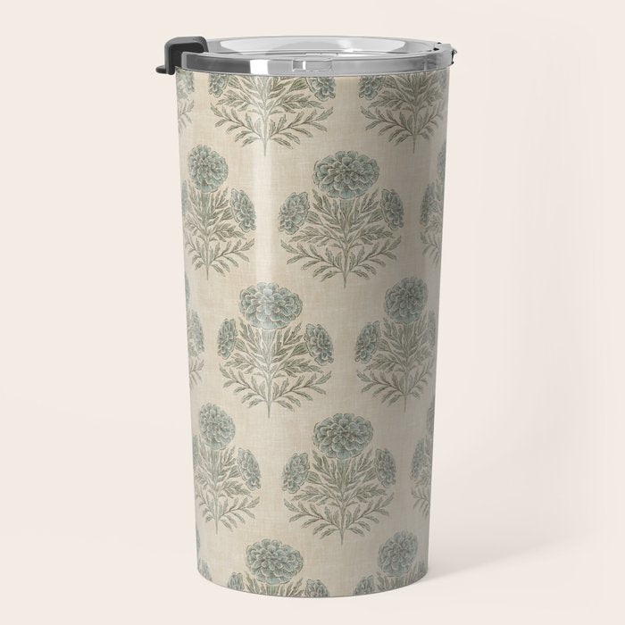 Marigold - sage and dusty blue on linen Travel Mug Gallery Image 3