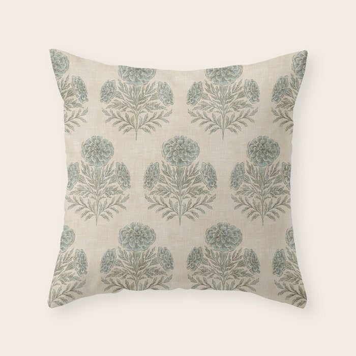 Marigold - sage and dusty blue on linen Throw Pillow Gallery Image 6