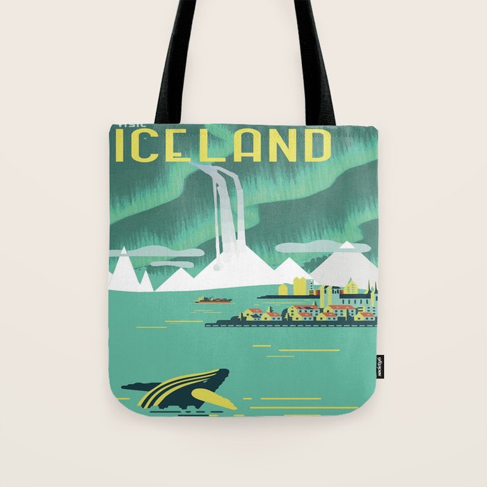 Vintage Mid Century Modern Iceland Scandinavian Travel Poster Ocean Whale Winter Village Tote Bag Gallery Image 1