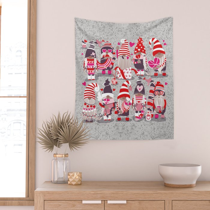 I gnome you more // grey background red and pink Valentine's Day gnomes and motifs Wall Tapestry Gallery Image 2