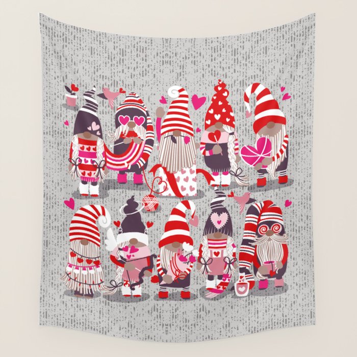 I gnome you more // grey background red and pink Valentine's Day gnomes and motifs Wall Tapestry Gallery Image 1