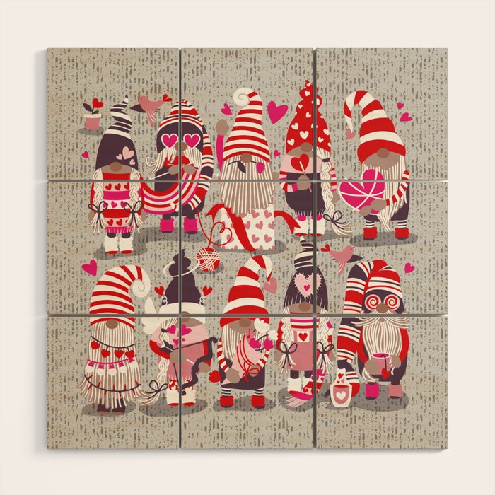 I gnome you more // grey background red and pink Valentine's Day gnomes and motifs Wood Wall Art Gallery Image 1