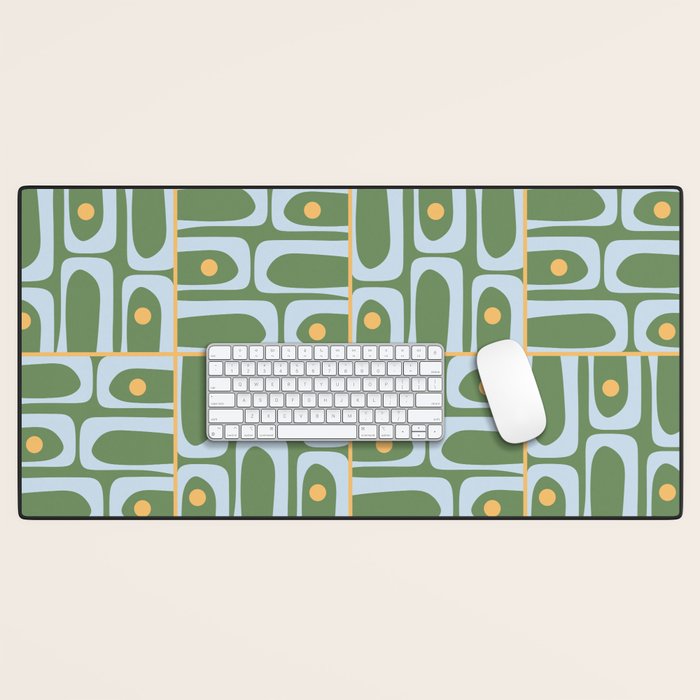 Mid Century Modern Piquet Abstract Multi Pattern in Green Light Blue Yellow-Orange Desk Mat Gallery Image 1