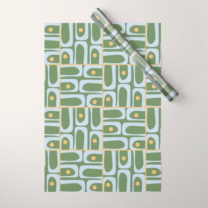 Mid Century Modern Piquet Abstract Multi Pattern in Green Light Blue Yellow-Orange Wrapping Paper Gallery Image 1