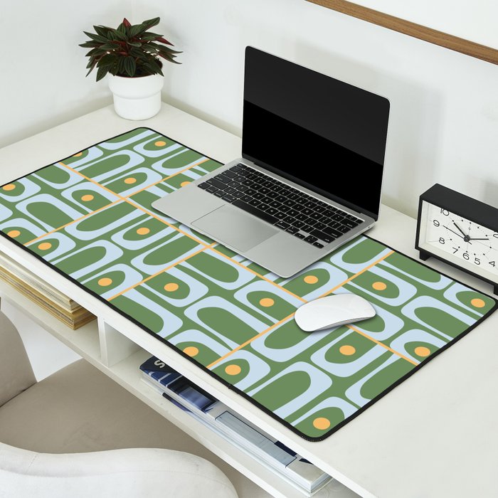 Mid Century Modern Piquet Abstract Multi Pattern in Green Light Blue Yellow-Orange Desk Mat Gallery Image 2