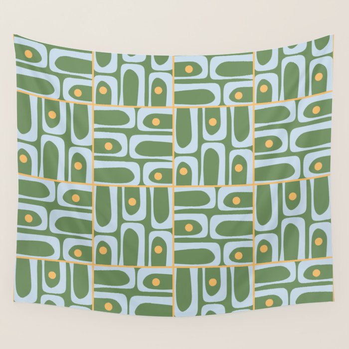 Mid Century Modern Piquet Abstract Multi Pattern in Green Light Blue Yellow-Orange Wall Tapestry Gallery Image 4