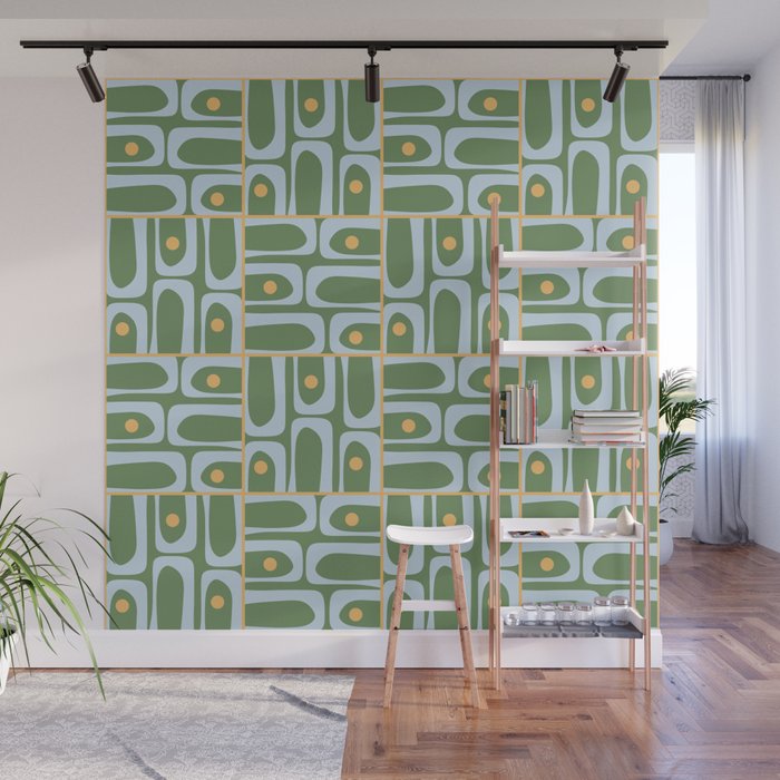 Mid Century Modern Piquet Abstract Multi Pattern in Green Light Blue Yellow-Orange Wall Mural Gallery Image 1